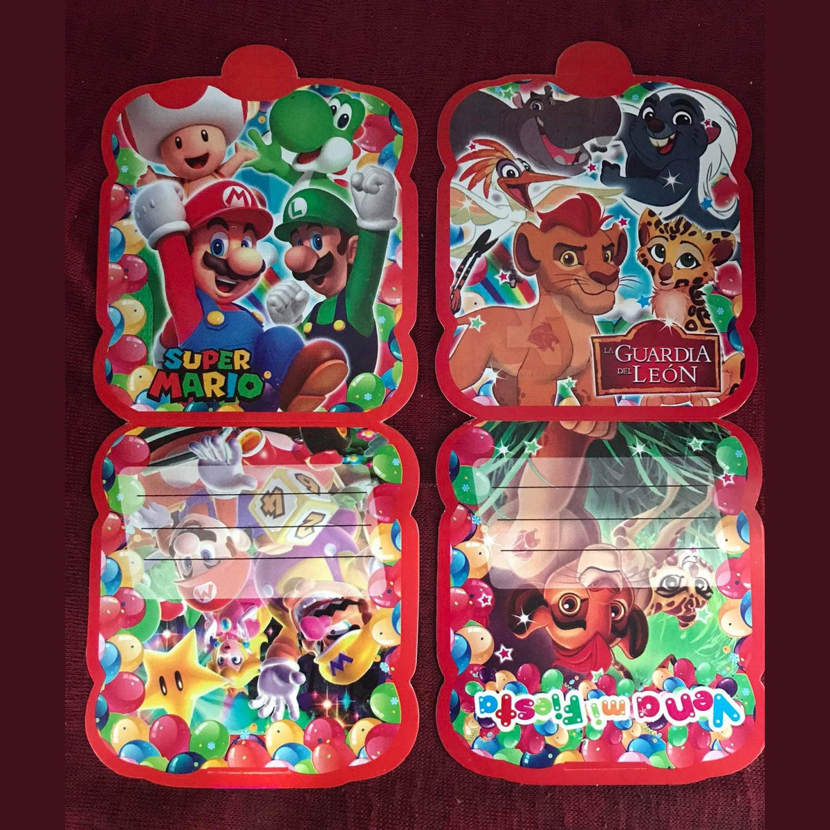 Tarjetas de Invitacion Cumpleaños Disney (paquete 10 tarjetas)