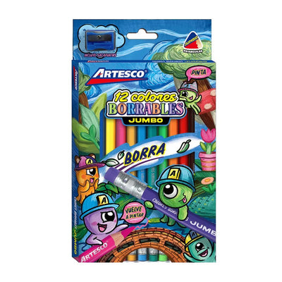 Lapices de Color Artesco Triangulares. Borrables Jumbo 12 Unidades + Sacapunta